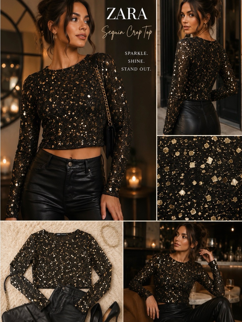 Zara Sequin Mesh Crop Top Sz S Gold Metallic Long Sleeve Party Festival Glam